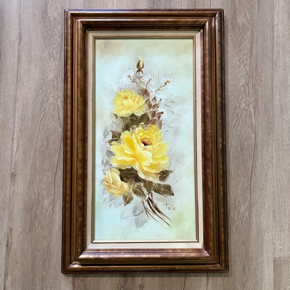 Vtg‎ Oil Painting Still Life Yellow Flowers Wood Framed Signed By Twila 19”x31”